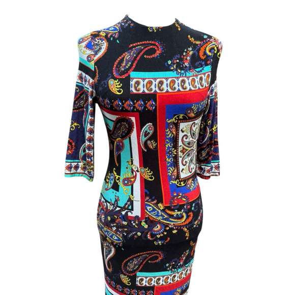 Alice + Olivia Delora Paisley Bodycon Dress Size 6 Colorful Midi Stretch Classic - Picture 9 of 16